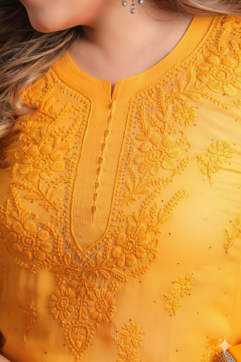 Noorain Lucknowi Chikankari Viscose Kurti Garara set | Mango Yellow