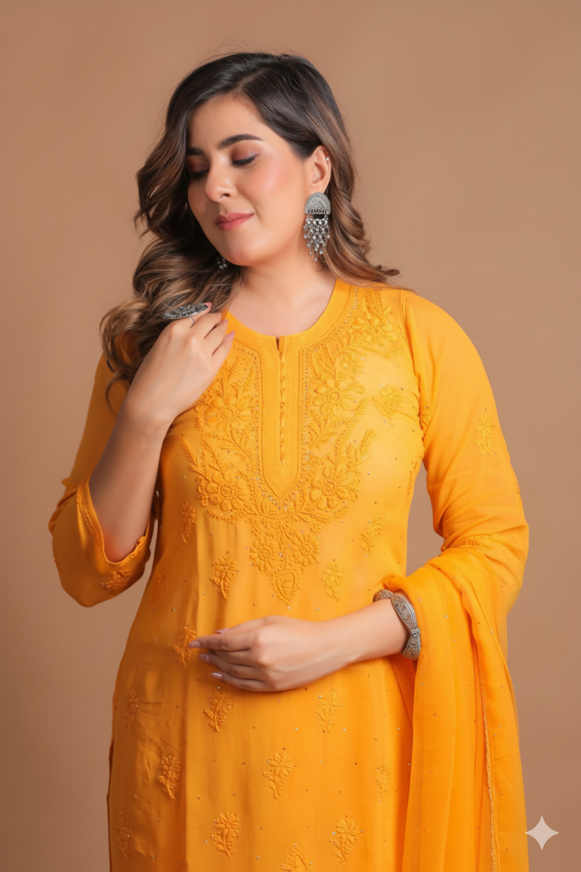 Noorain Lucknowi Chikankari Viscose Kurti Garara set | Mango Yellow