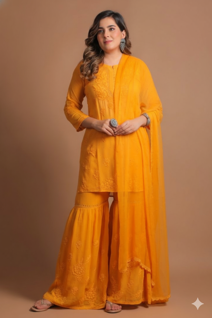 Noorain Lucknowi Chikankari Viscose Kurti Garara set | Mango Yellow