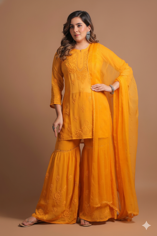 Noorain Lucknowi Chikankari Viscose Kurti Garara set | Mango Yellow